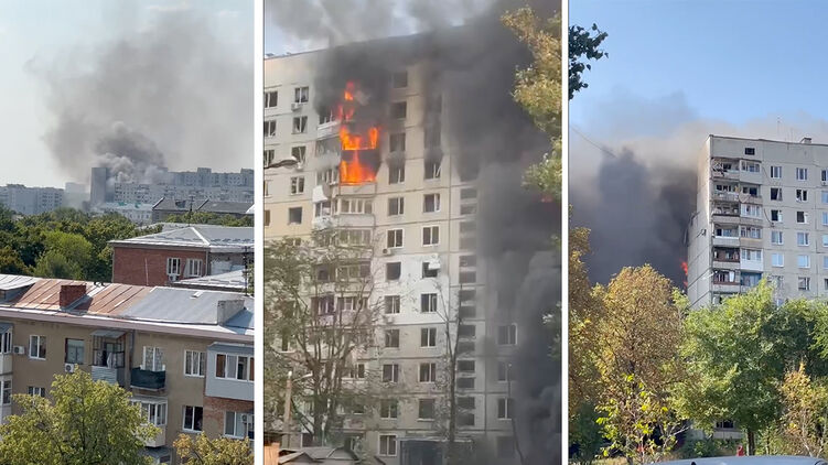 Пострадавшая от бомбы высотка в Харькове. Коллаж
