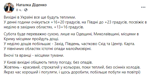 синоптик рассказала о погоде в выходные