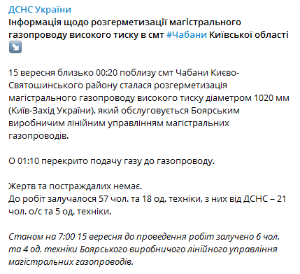 Спасатели рассказали о взрыве в Чабанах. Скриншот Телеграм-канала ГСЧС