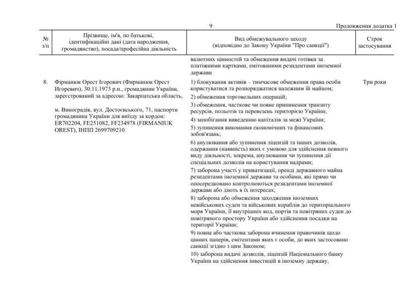 Санкции СНБО. Скриншот ОП