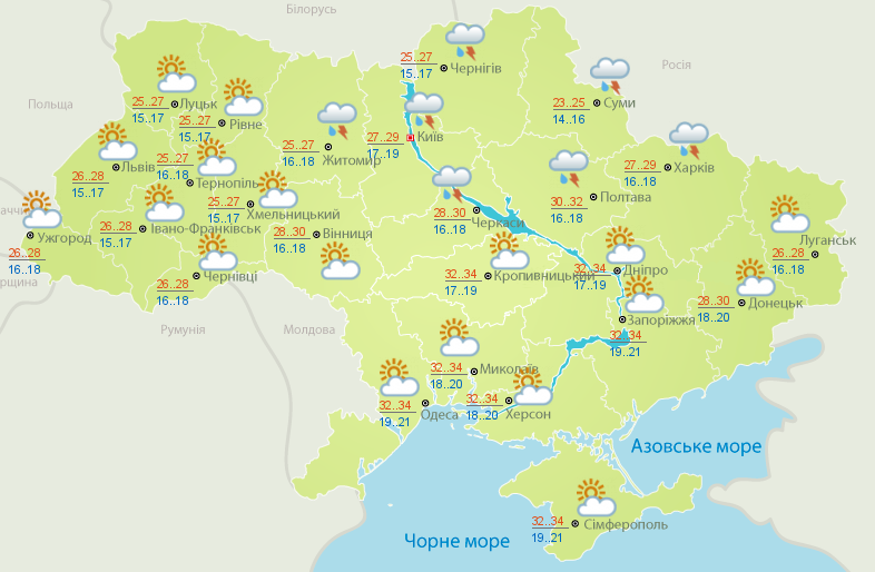 На севере и в центре Украины в пятницу пройдет дождь с грозой. Карта: Укргидрометцентр