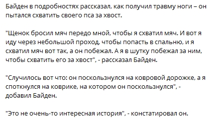 Байден рассказал подробности ситуации, в которой он повредил ногу на прогулке с собакой. Скриншот: Telegegram-канал РИА "Новости: Выборы с США"