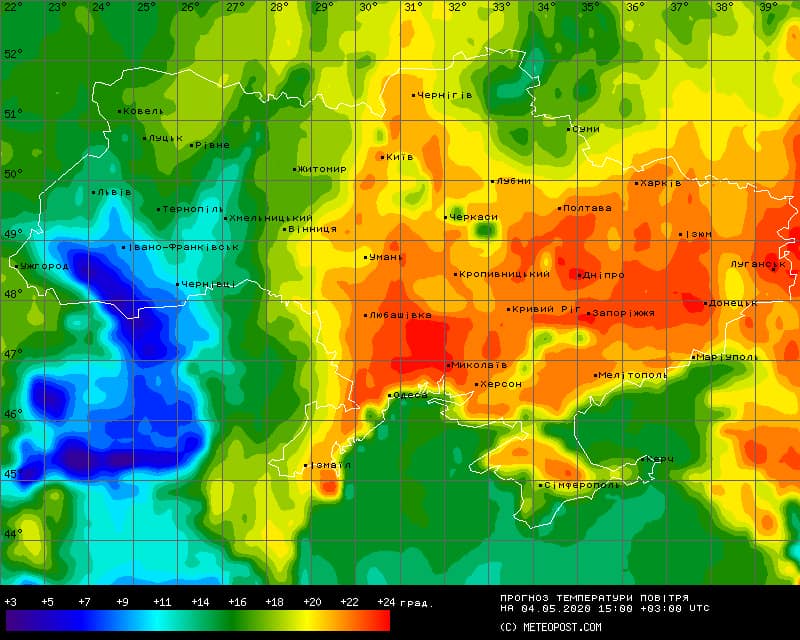 Прогноз температуры воздуха на предстоящую неделю в Украине. Фото: meteopost.com