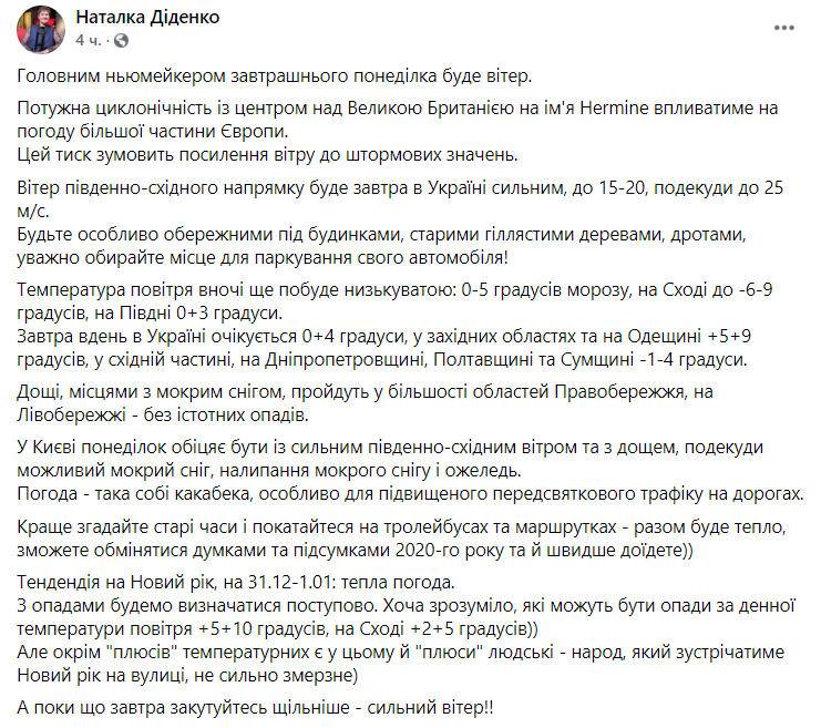 погода от Диденко. Скриншот https://www.facebook.com/tala.didenko/posts/4091618977534716